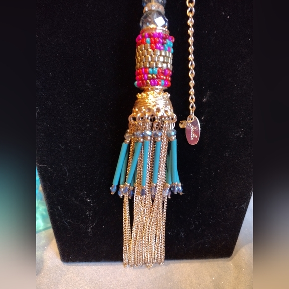 JULES Multicolored seed beads teal pink purple gold tassel Dangle 30" necklace - Picture 8 of 8